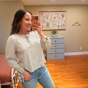 J. Crew White Purple Floral Cotton Tie Sleeve Blouse Tee Small